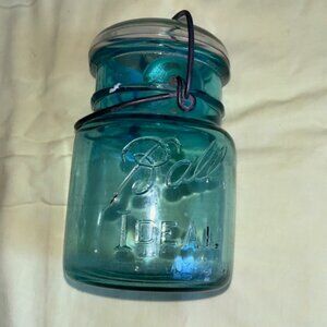 Antique Ball Ideal Aqua Blue Glass Jar with Wire closure dated July 1908